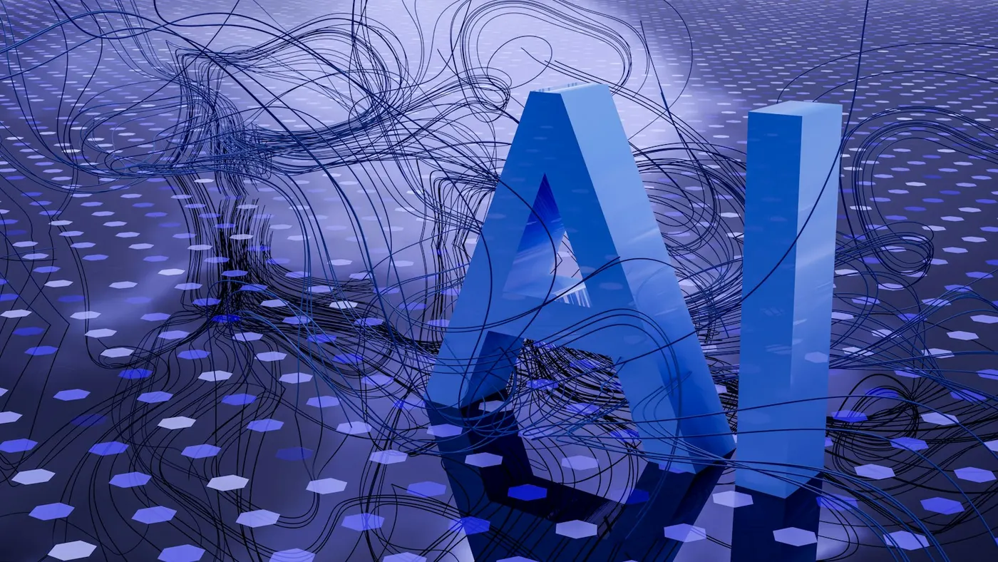 Large AI letters surrounded by abstract digital lines and patterns
